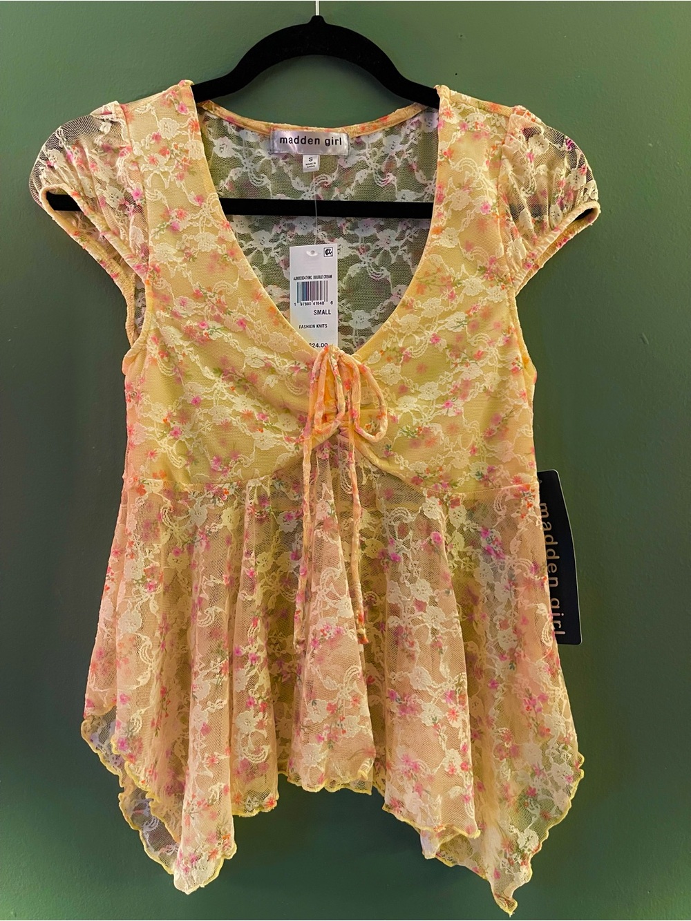 Madden Girl Yellow Lace Floral Tie-Front Peplum Tunic